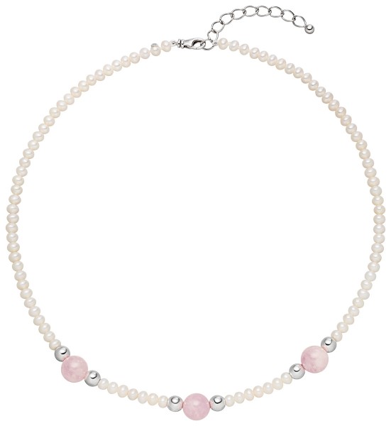 Perlenkette mit Rosenquarz - Süßwasser rund weiß