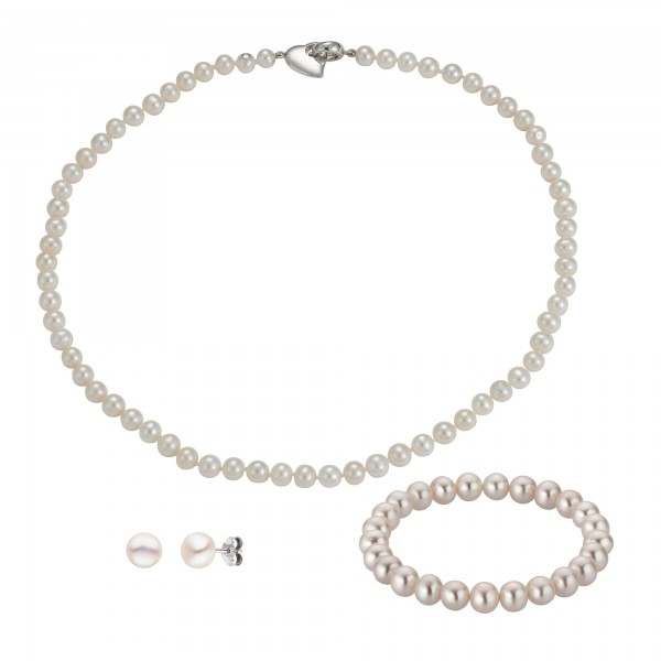 Set aus einer Perlenkette, Perlenarmband und Perlenohrstecker Süßwasser weiß
