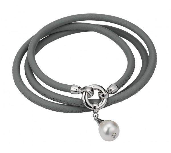 Lederarmband grau mit einer Perle – Süßwasser rund weiß